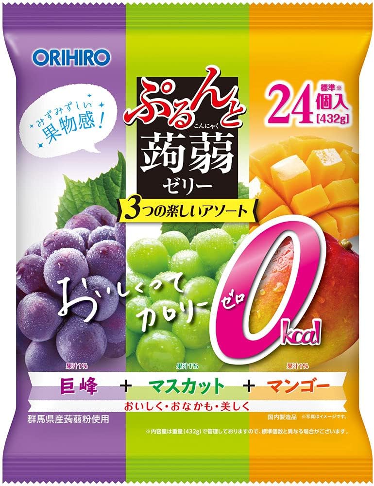 Orihiro Purunto Konjac Jelly Zero Calorie Prach&Grape&Muscat Mixed Fruits Assortment 24pcs