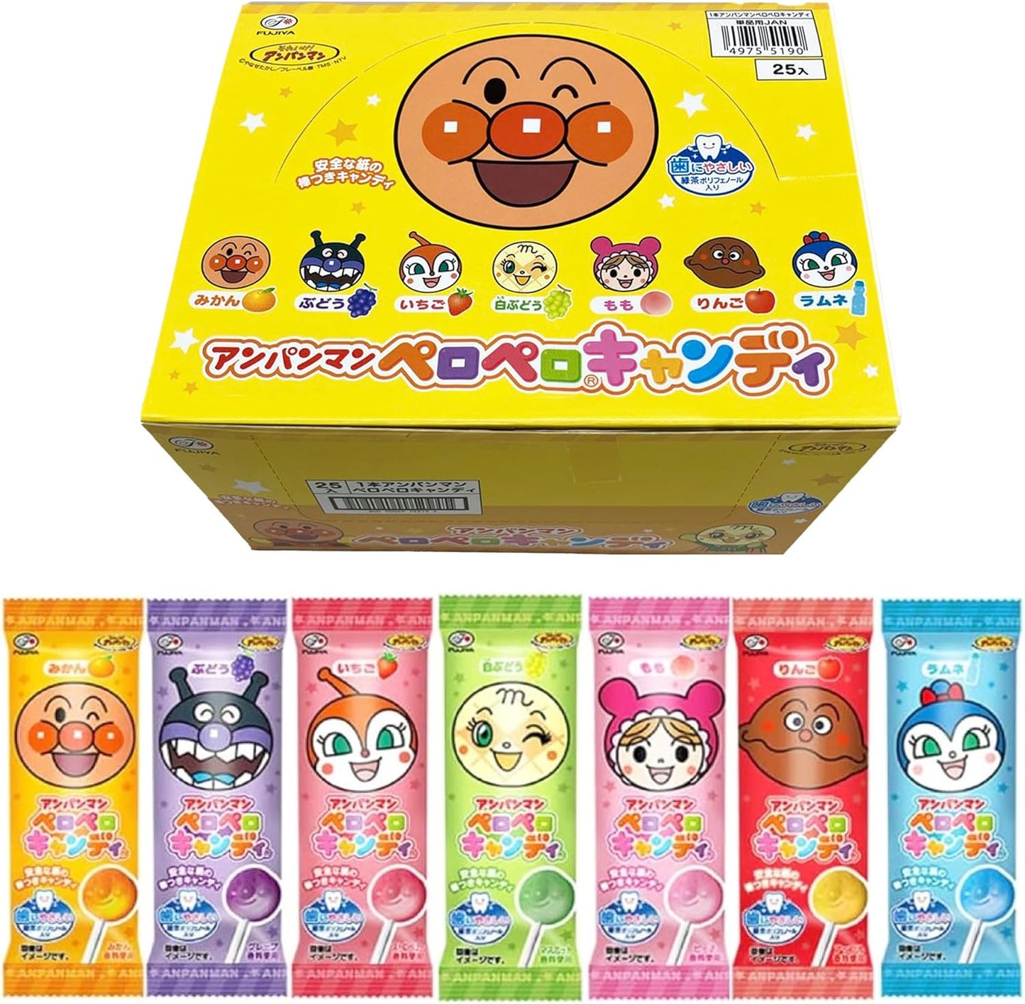 Fujiya Anpanman Pero Pero Candy Lollipop Assorted Fruit Flavors 25pcs