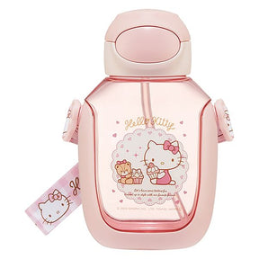 Skater Hello Kitty One-Push Straw Water Bottle 530ml with Shoulder Strap – Kids Drink Bottle (Sanrio, Japan)