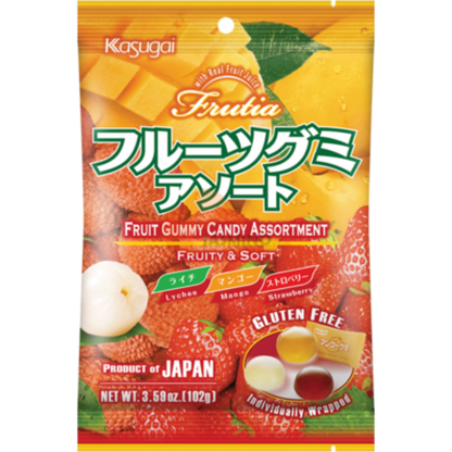 Kasugai Frutia Assort Gummy Gluten Free (Lychee & Strawberry & Mango)- 102g